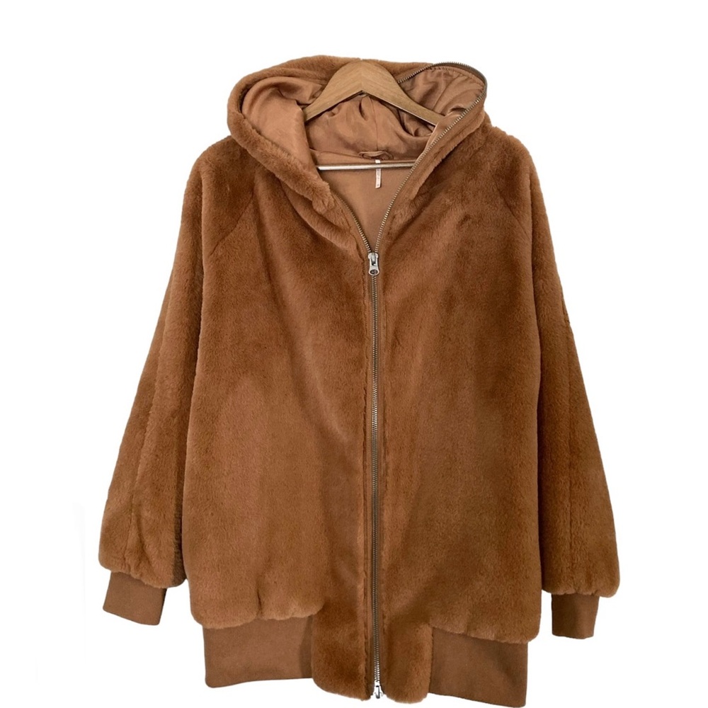 Free People Turn Up Oversized Longline Soft Camel Faux Fur Hooded Zip Jacket